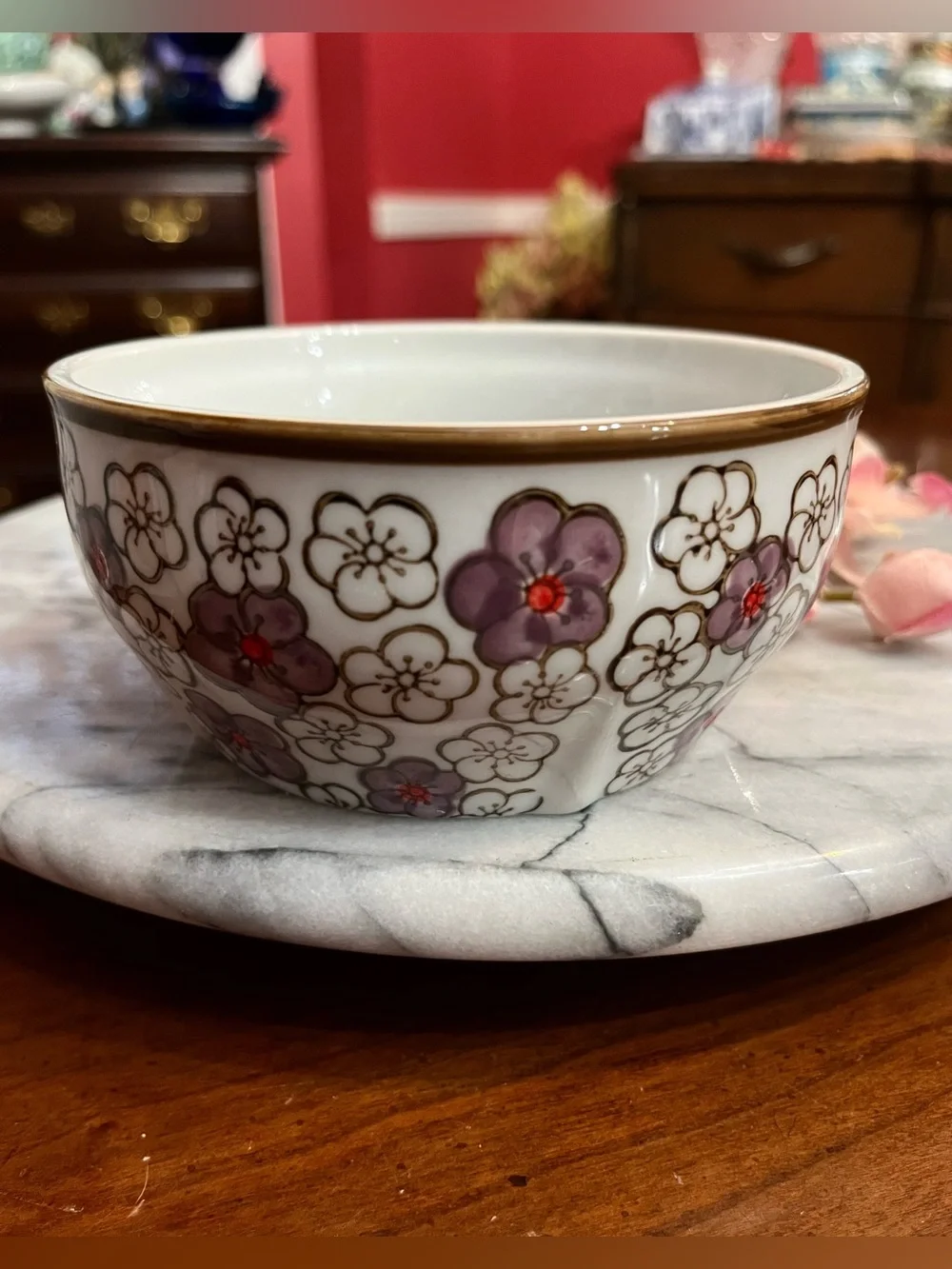 Yokohama Studio Japan Hand Painted Textured Floral Purple Blossom Ceramic Bowl